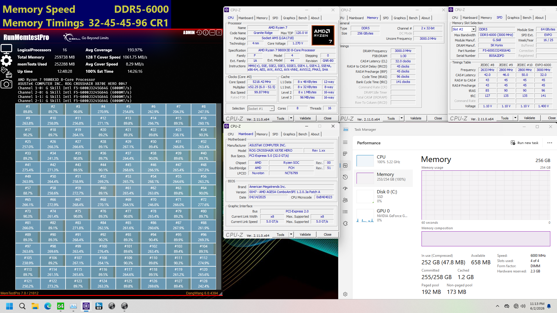 02 gskill ddr5 6000 c32 256gb 4x64gb x870e asus 9800x3d 12h