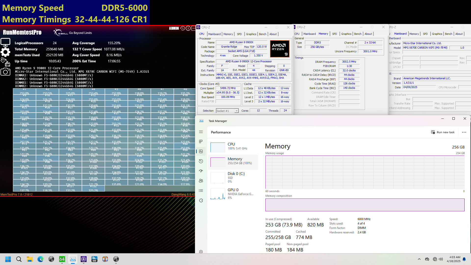 03 gskill ddr5 6000 c32 256gb 4x64gb x870e msi 9900x 17h