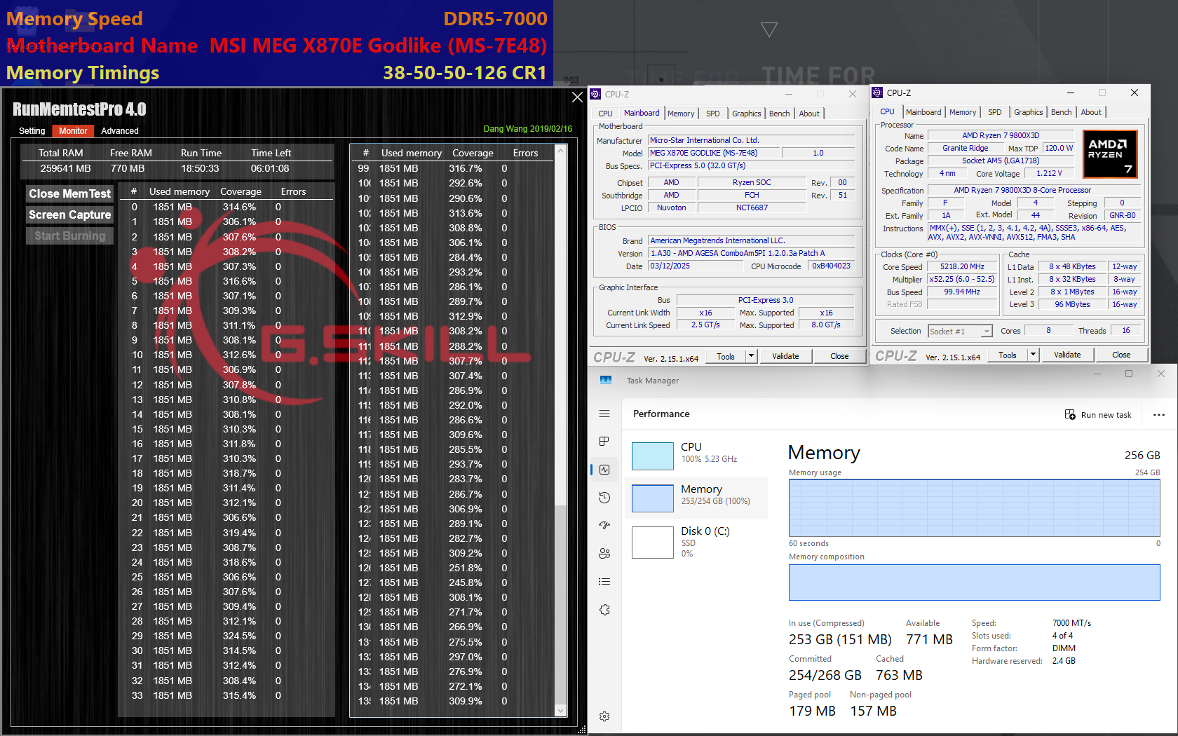 04 gskill ddr5 7000 c38 256gb 4x64gb x870e msi 9800x3d 18h